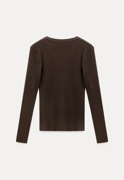 Womens Ribbed Long Sleeve V-Neck Button Top