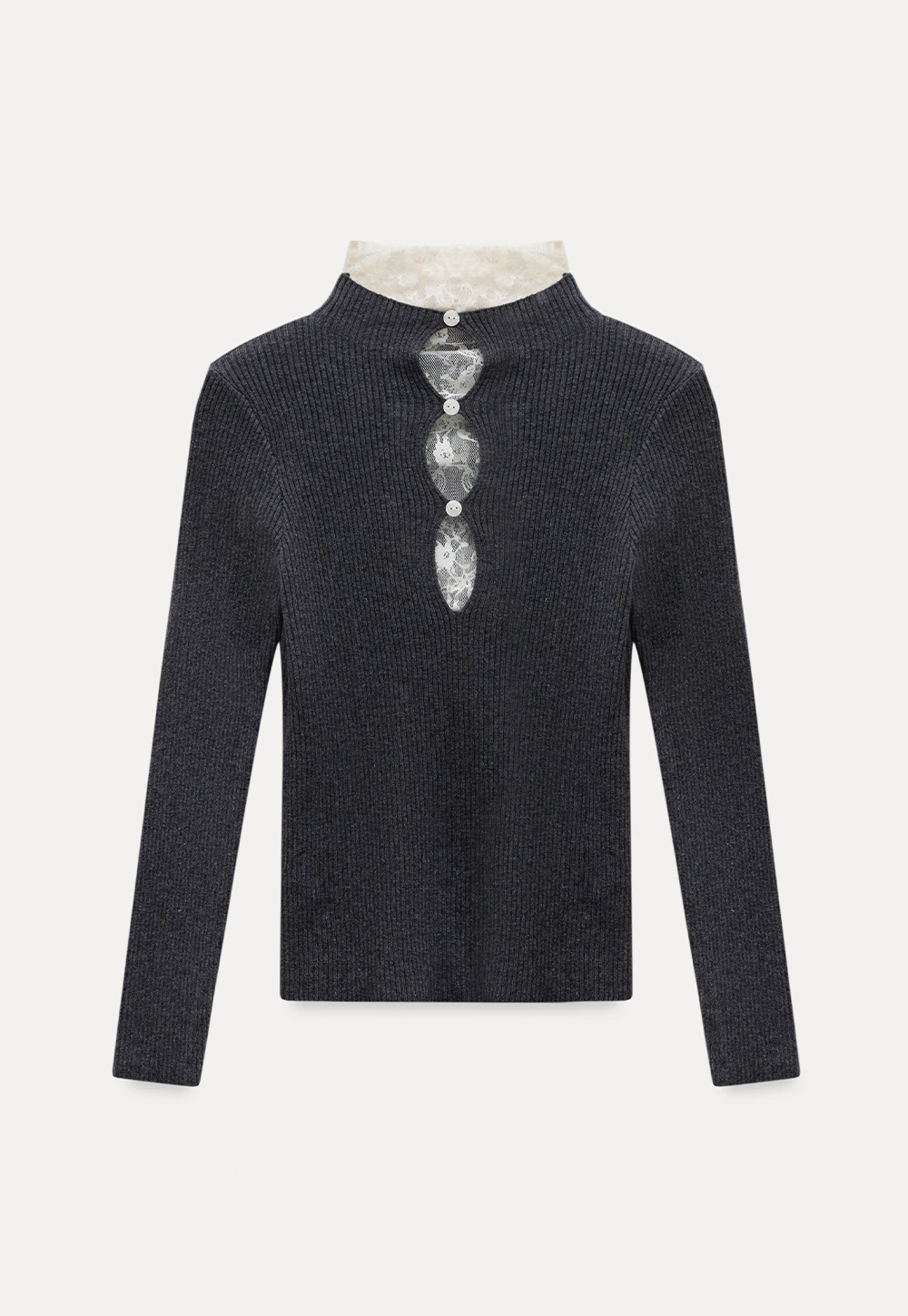 Womens Ribbed Mock Neck Top with Lace Buttons