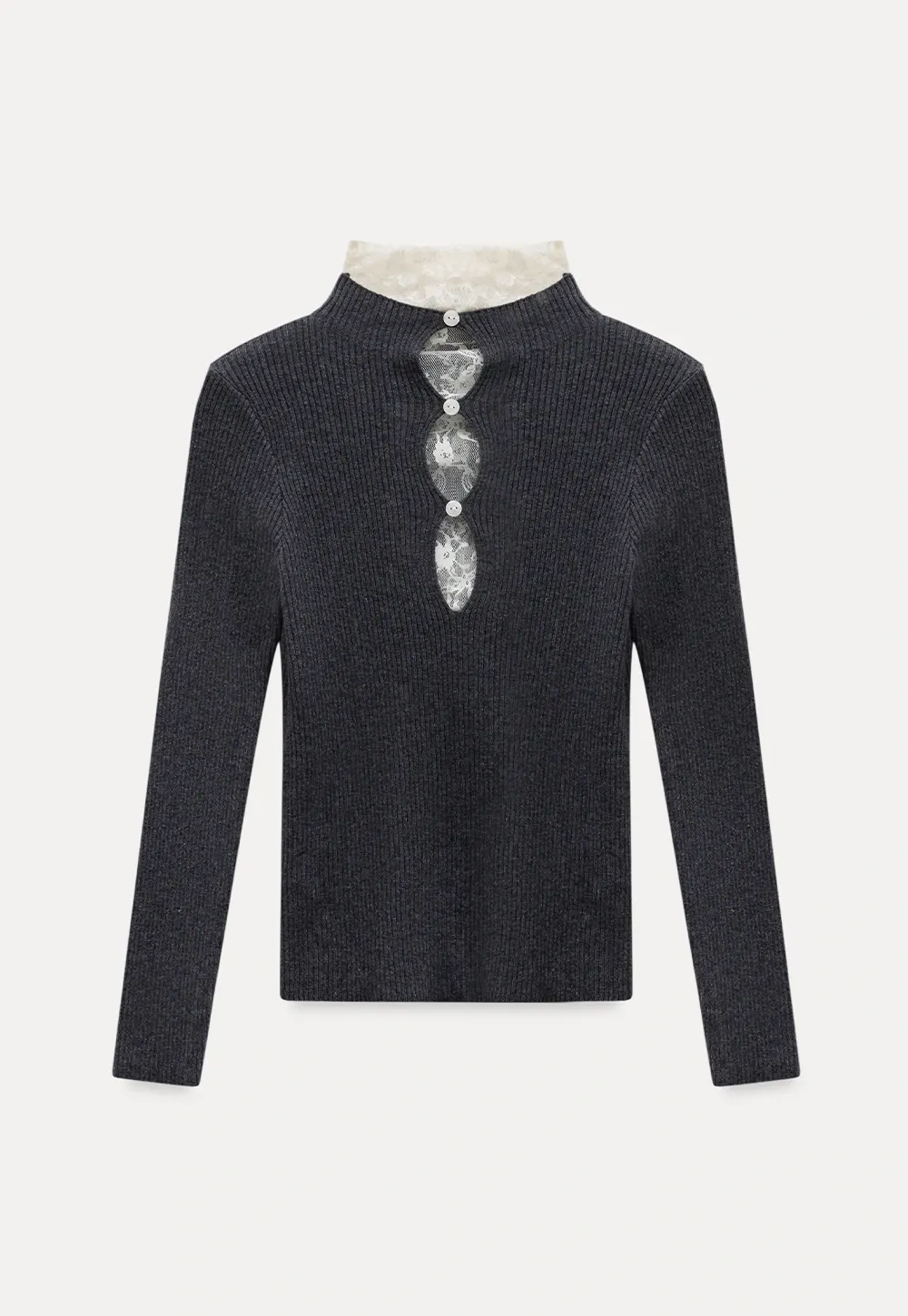 Womens Ribbed Mock Neck Top with Lace Buttons