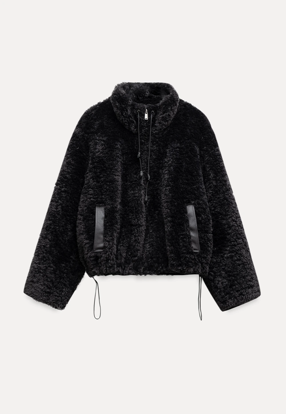 Womens Oversized Stand Collar Faux Leather and Sherpa Jacket