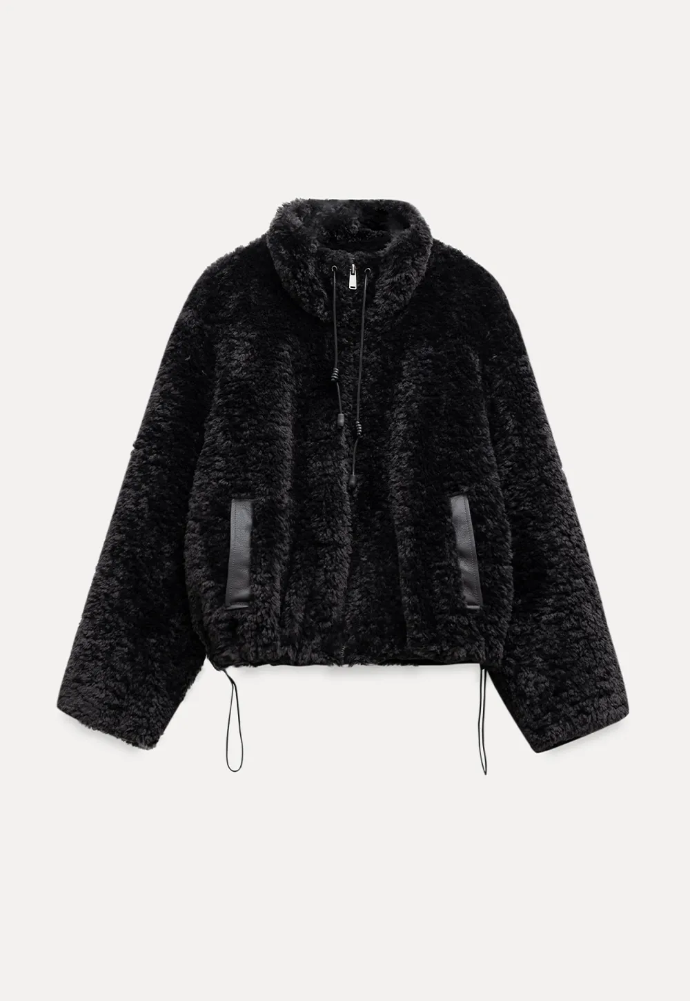 Womens Oversized Stand Collar Faux Leather and Sherpa Jacket