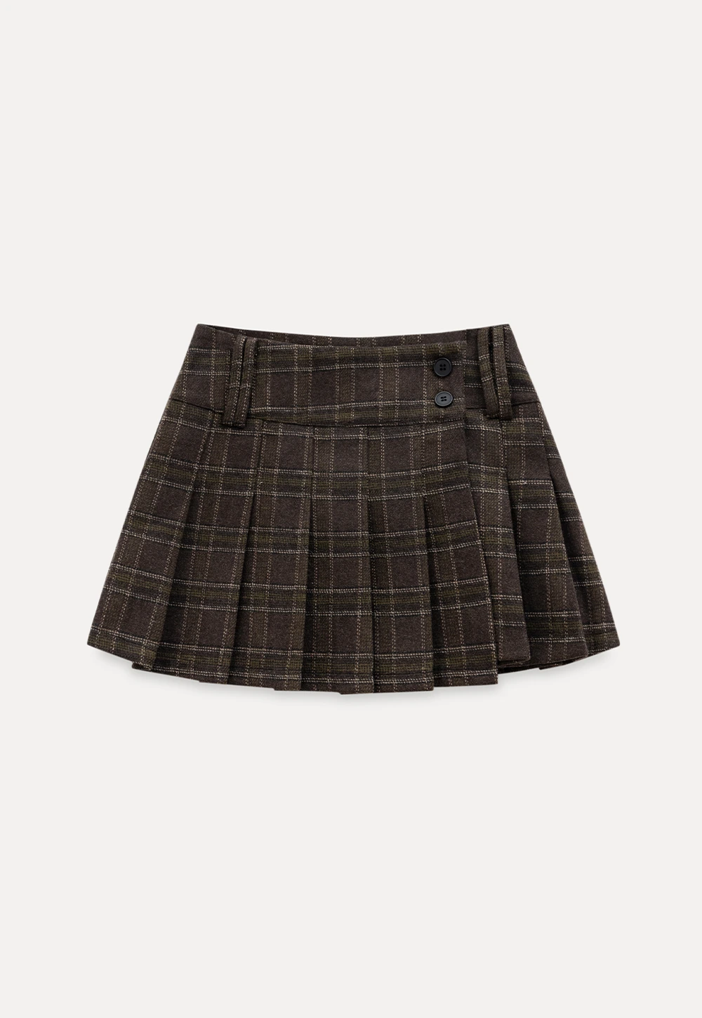Womens Plaid Pleated Mini Skirt with Button Detail