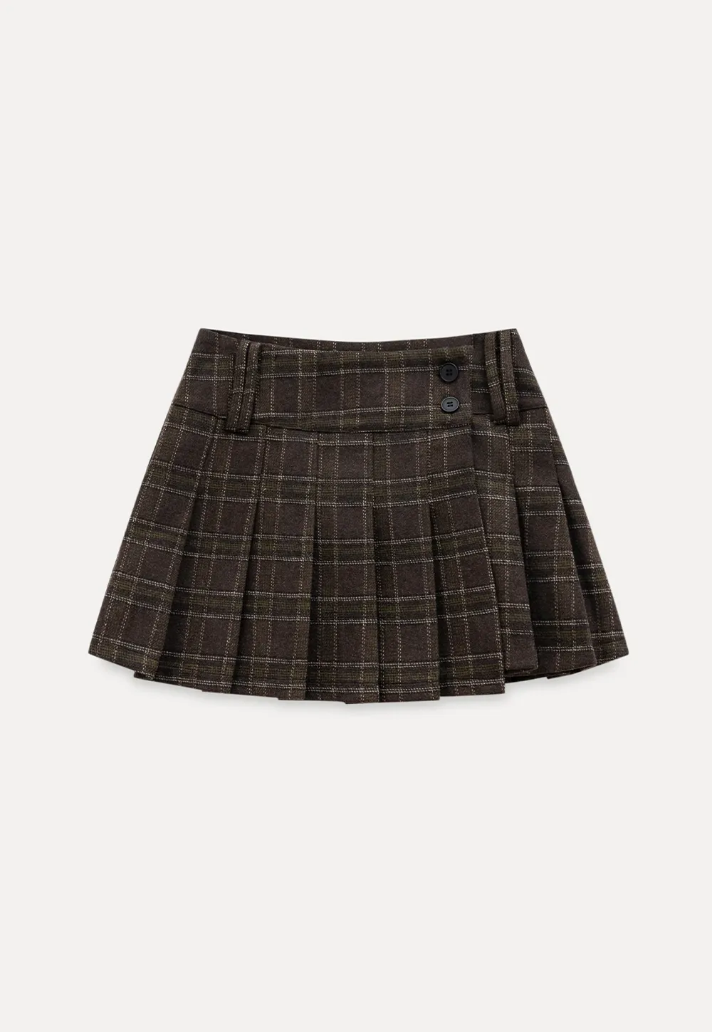 Womens Plaid Pleated Mini Skirt with Button Detail