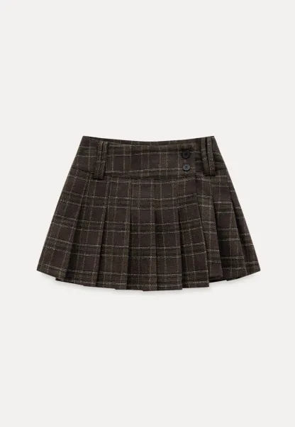 Womens Plaid Pleated Mini Skirt with Button Detail