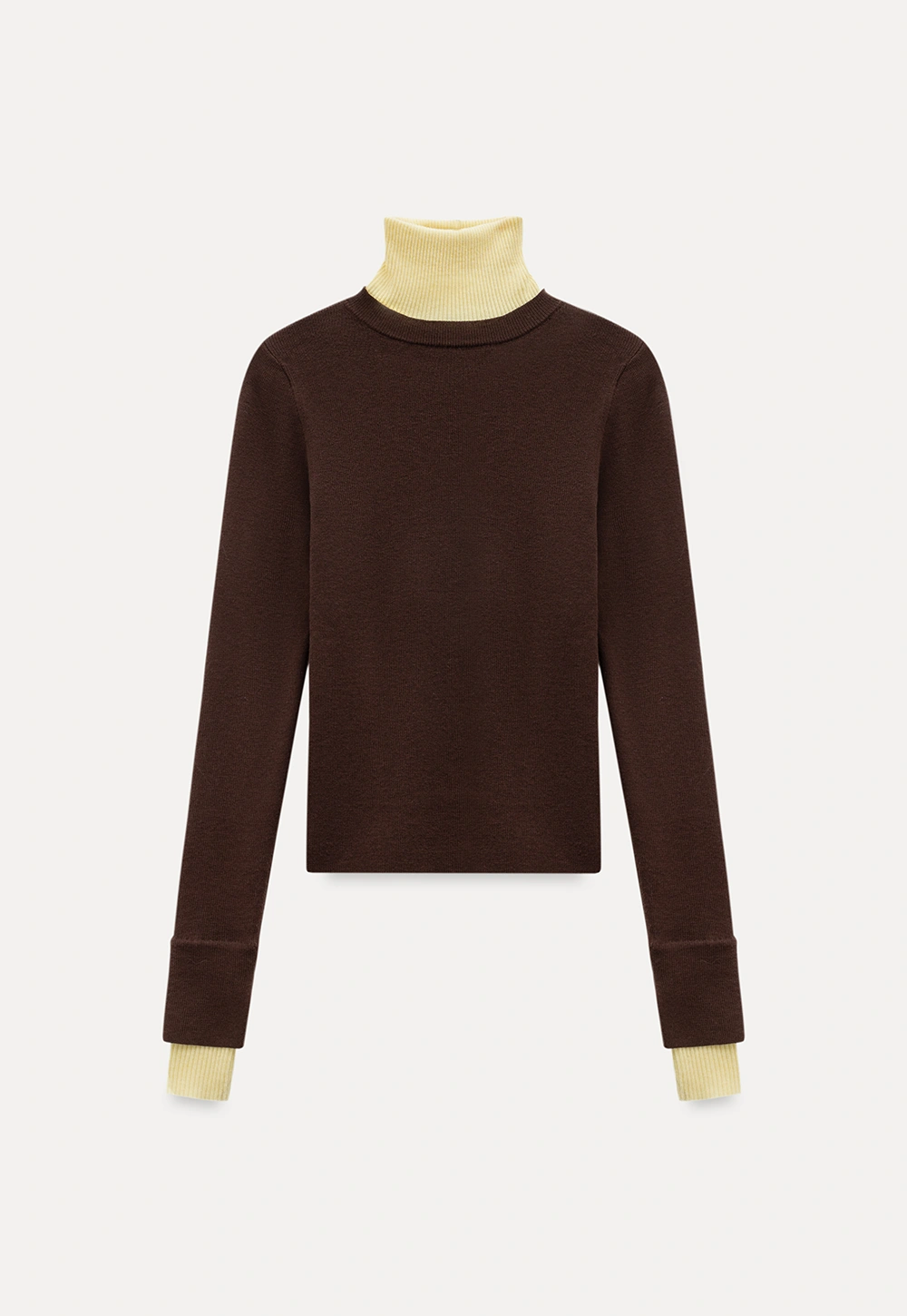 Casual Brown Turtleneck Sweater with Yellow Cuffs