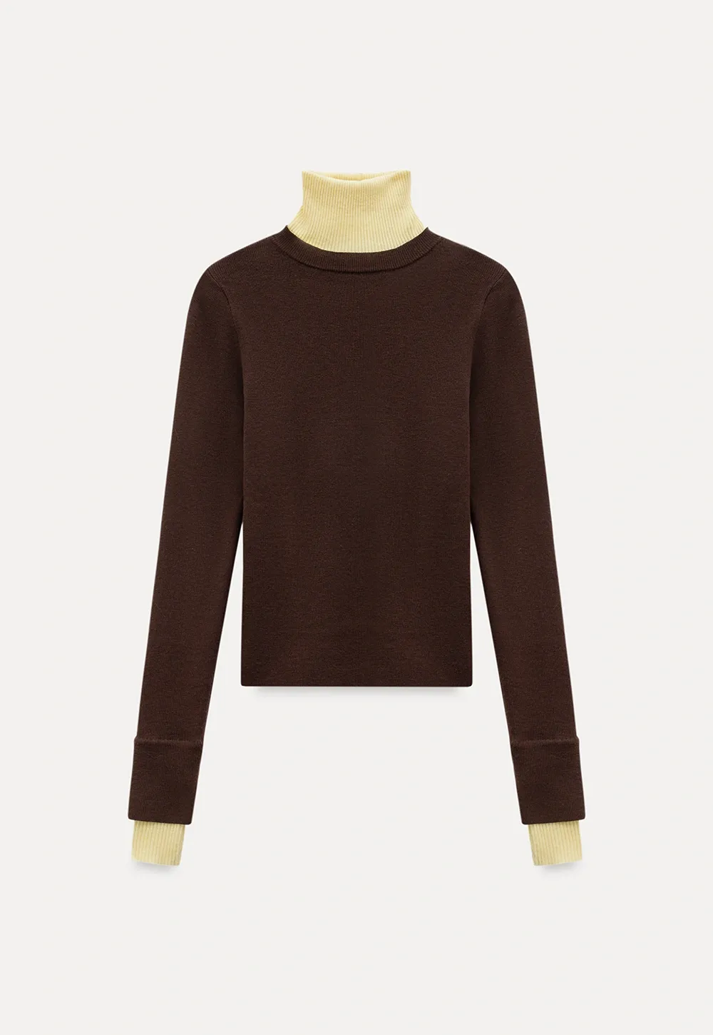 Casual Brown Turtleneck Sweater with Yellow Cuffs