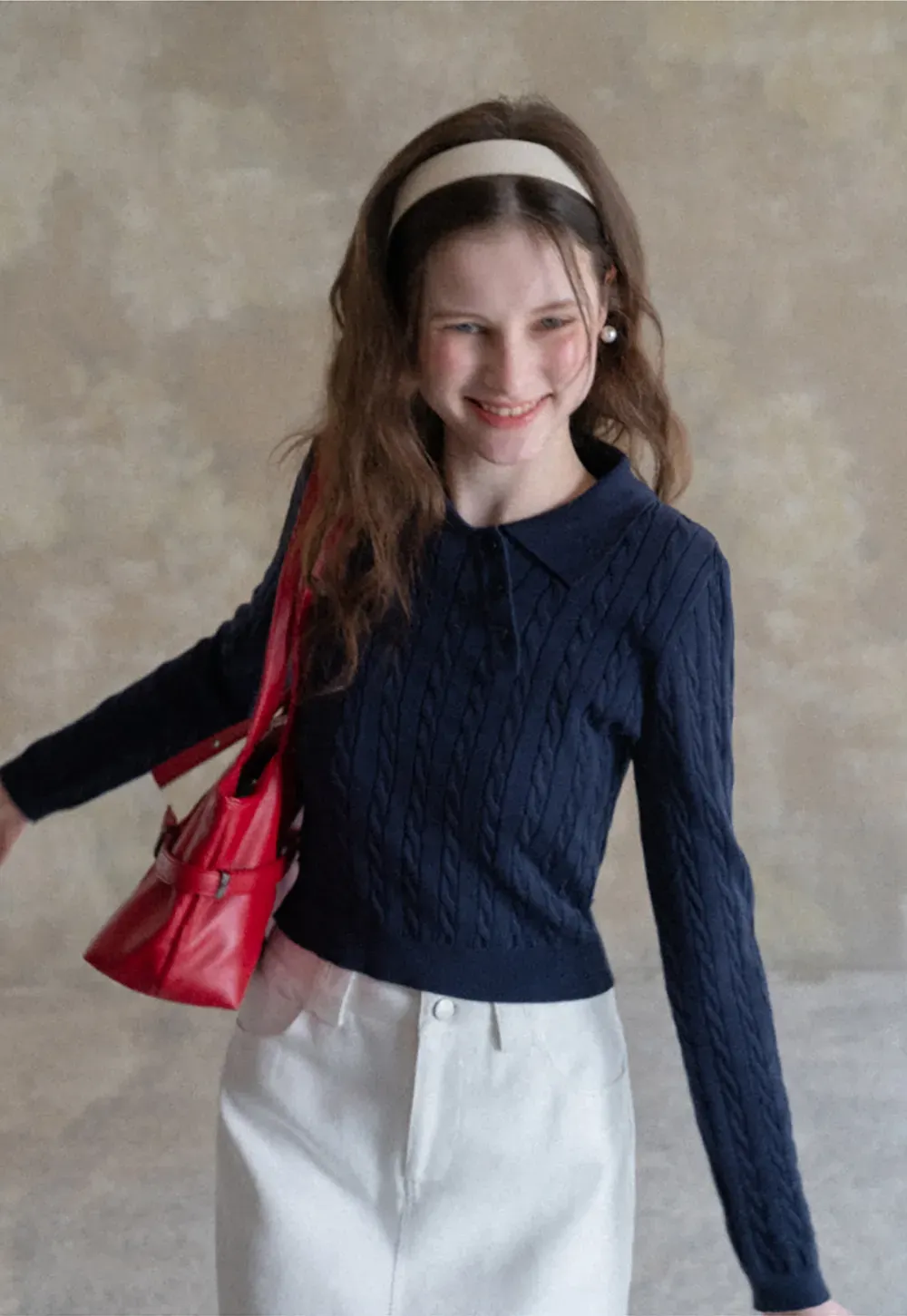 Cable Knit Long Sleeve Polo Neck Cropped Sweater