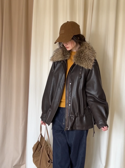 Casual Winter Faux Leather Coat with Soft Fur Collar