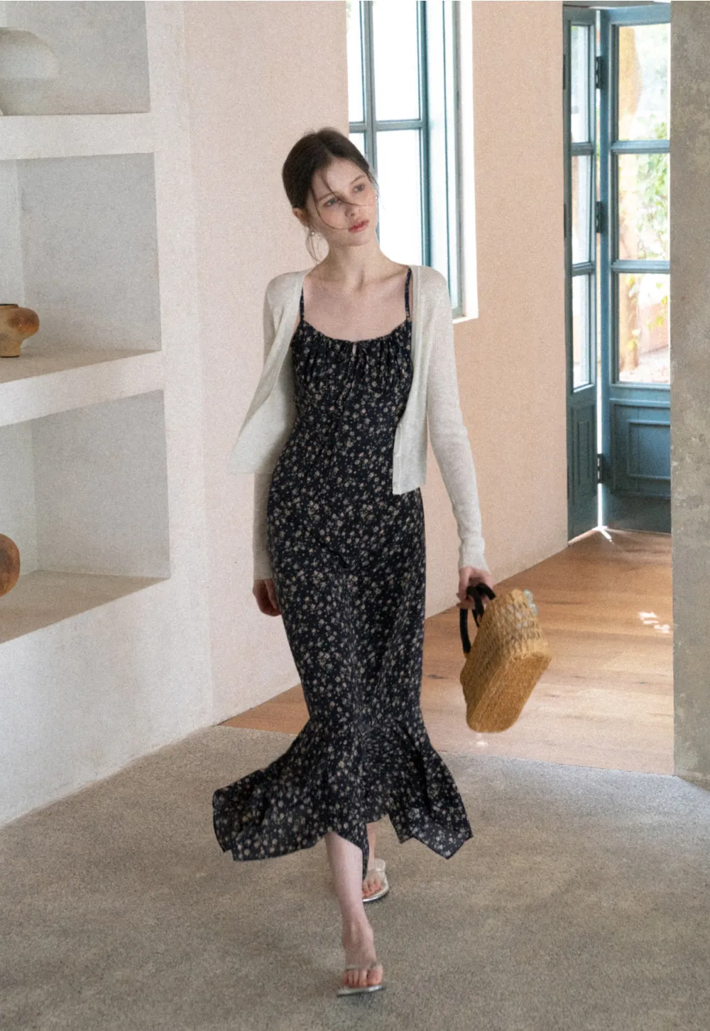 Floral Print Slip Dress with Thin Straps and Asymmetrical Hem