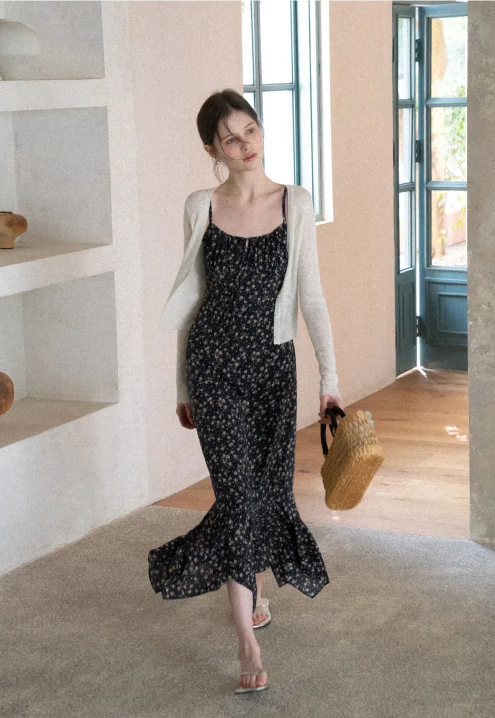 Floral Print Slip Dress with Thin Straps and Asymmetrical Hem