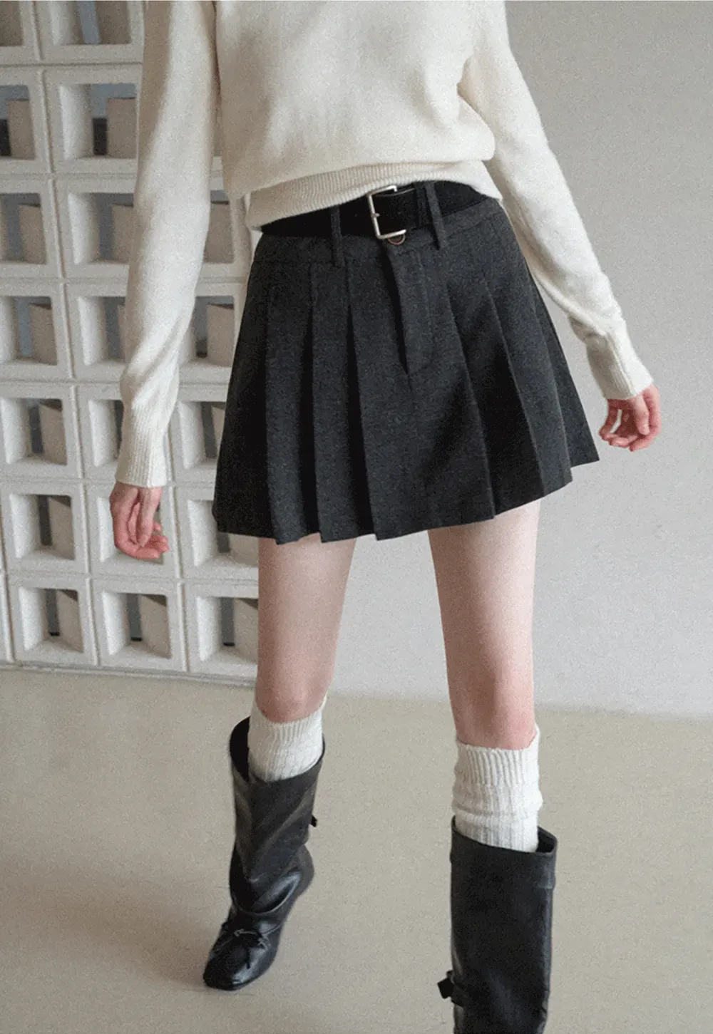 Pleated Mini Skirt with Belt Detail