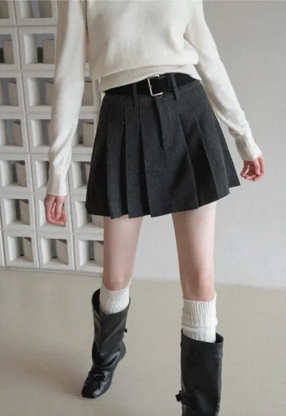 Pleated Mini Skirt with Belt Detail