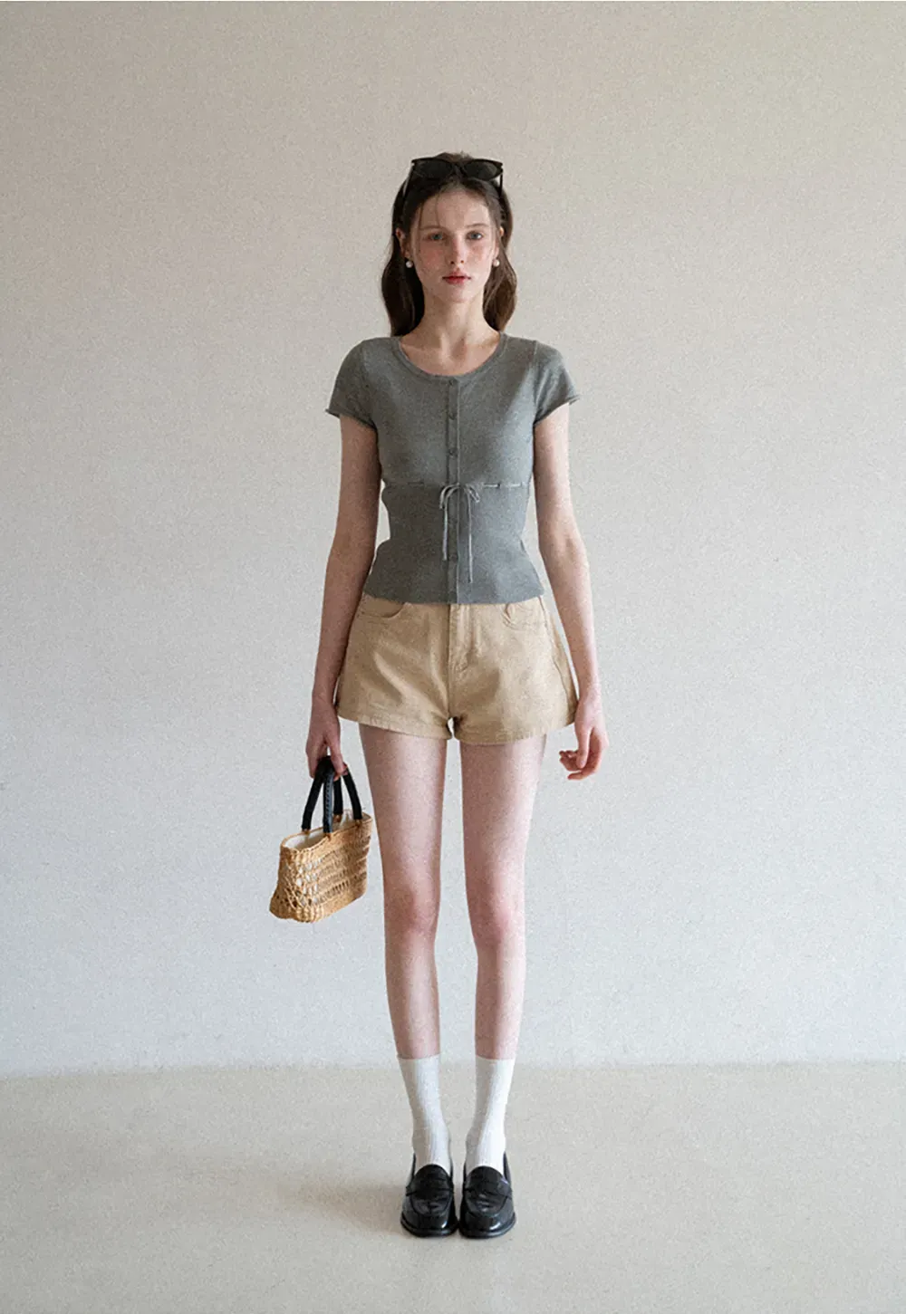 Short Sleeve Knit Cardigan with Front Buttons and Waist Tie