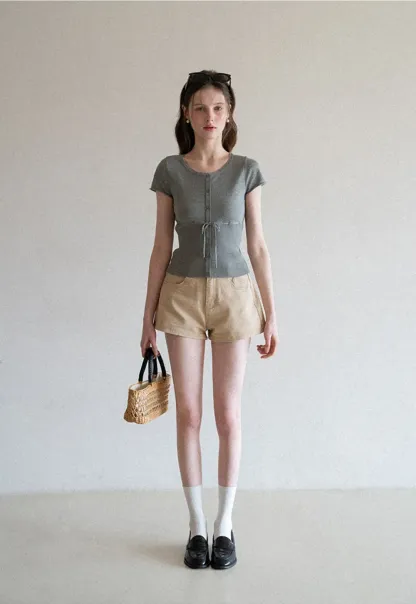 Short Sleeve Knit Cardigan with Front Buttons and Waist Tie