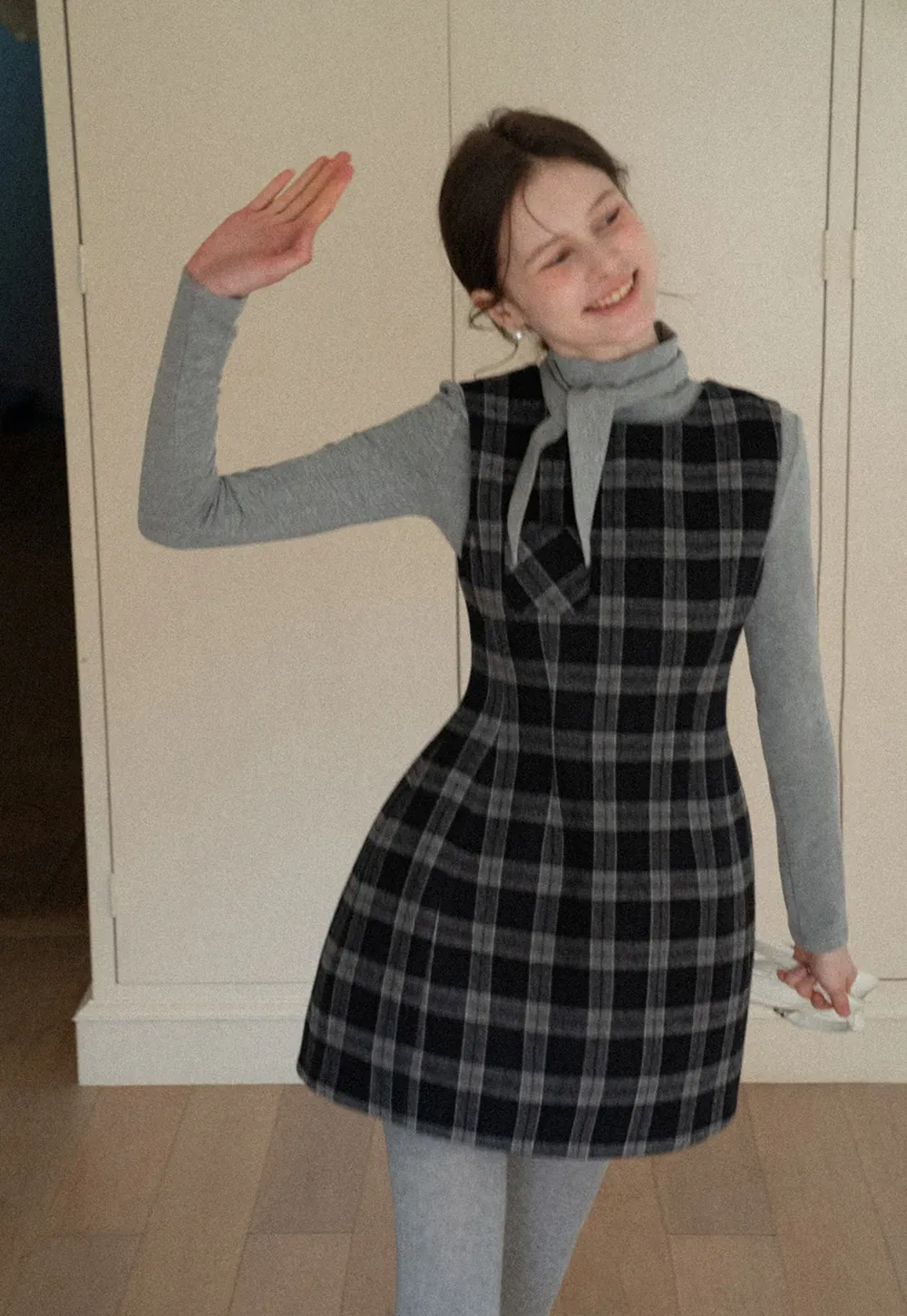 Sleeveless Plaid Dress with High Neck Tie Design