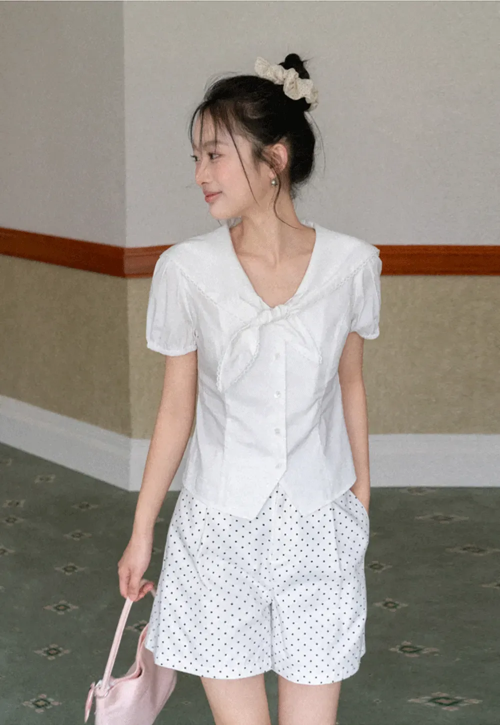 Short Sleeve Shirt with Collar and Bow Detail