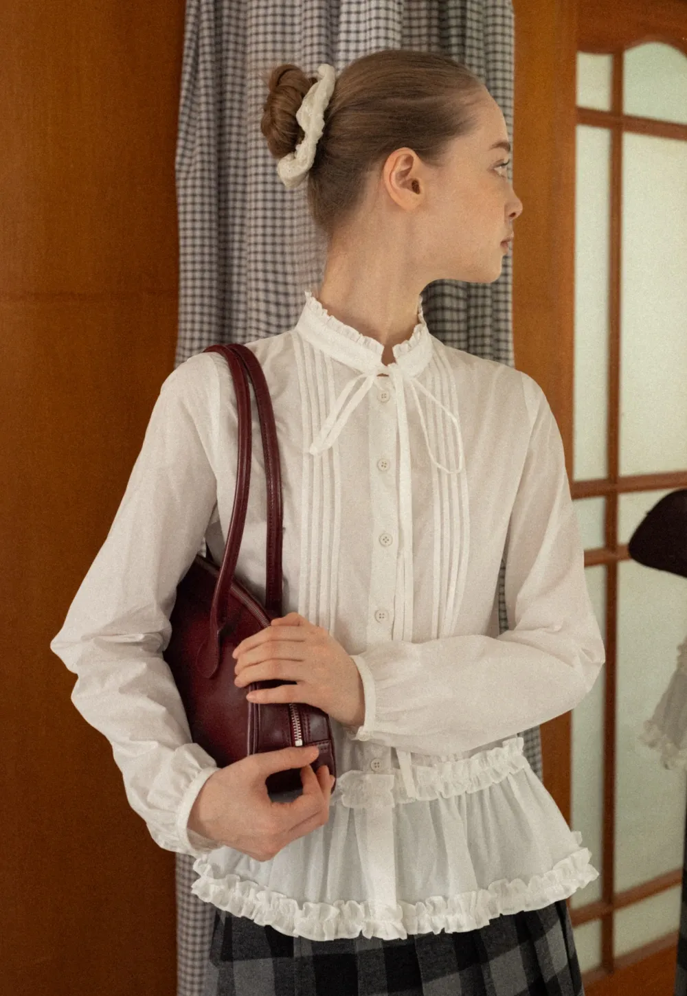 Lace Trim Ruffled Blouse with Tie Neck