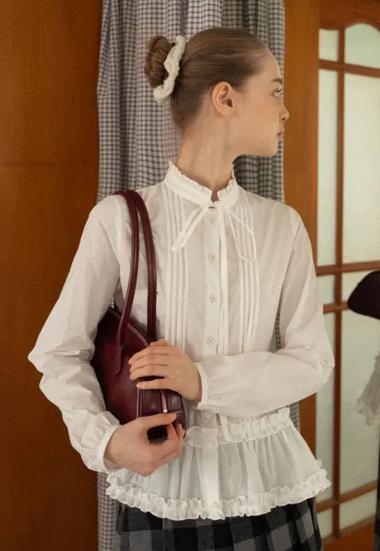 Lace Trim Ruffled Blouse with Tie Neck