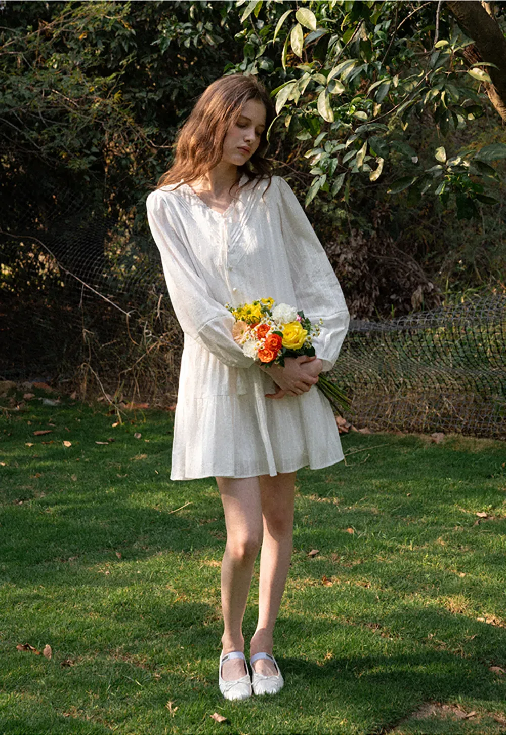 V neck long sleeve tiered dress with lace trim