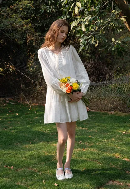 V neck long sleeve tiered dress with lace trim