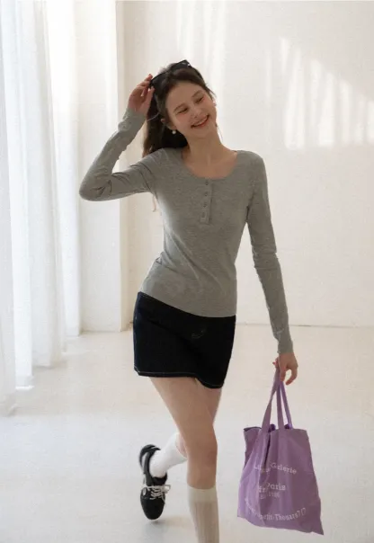 Long sleeve henley top with front buttons