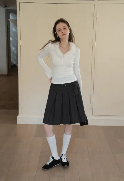 Pleated A Line Skirt with Belt Detail