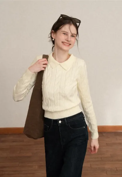 Cable Knit Crop Sweater with Collar