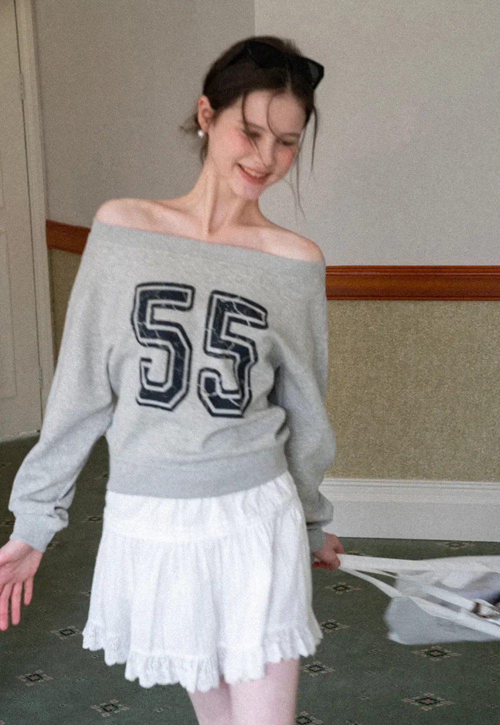 Off Shoulder Sweatshirt with Number Print