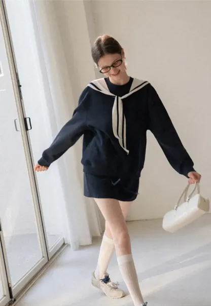 Sailor collar sweatshirt scarf shawl skirt set