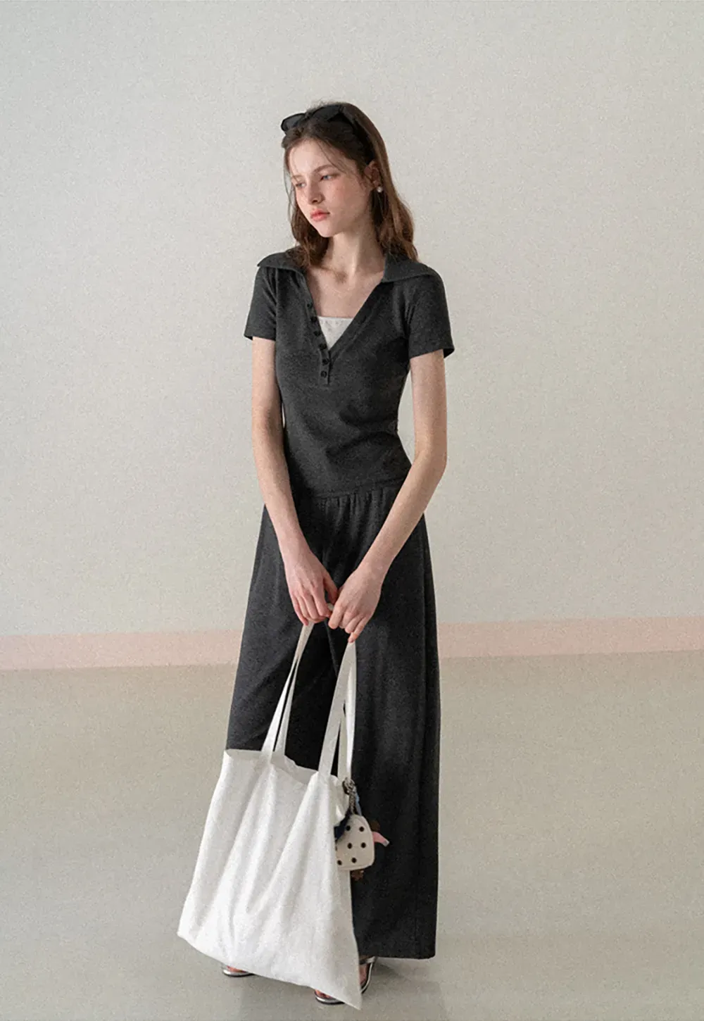 Polo shirt with buttons and wide leg casual pants