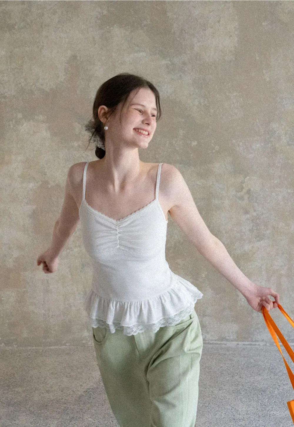 Lace Trimmed Peplum Tank Top with Thin Straps