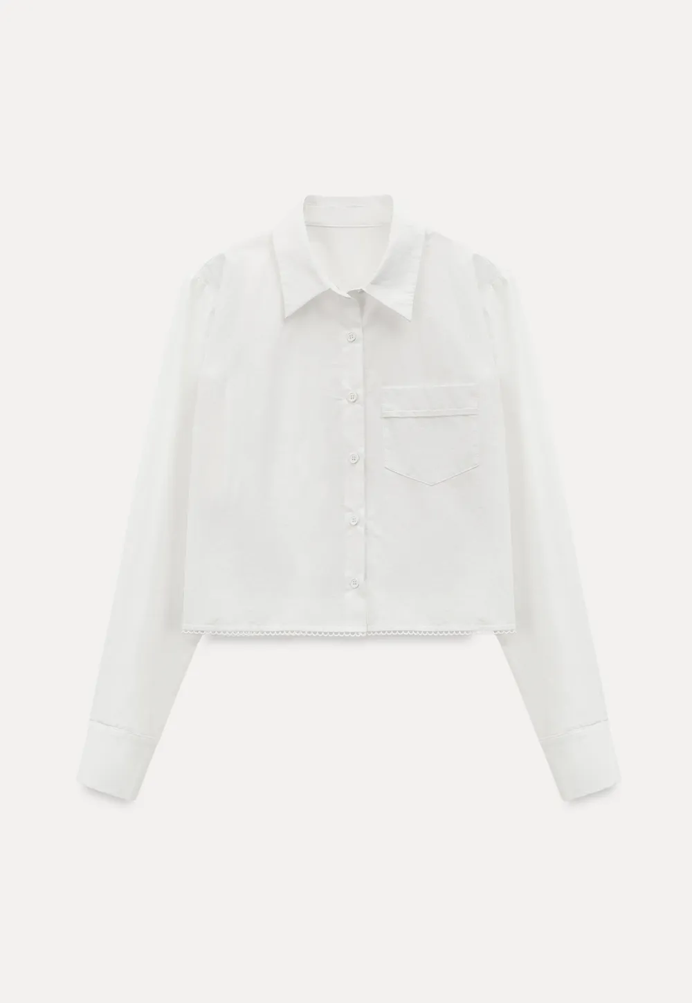 Long sleeve button front shirt with scalloped hem