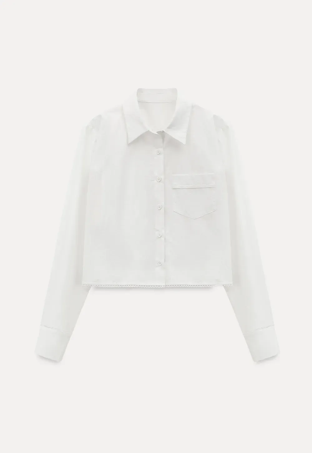 Long sleeve button front shirt with scalloped hem