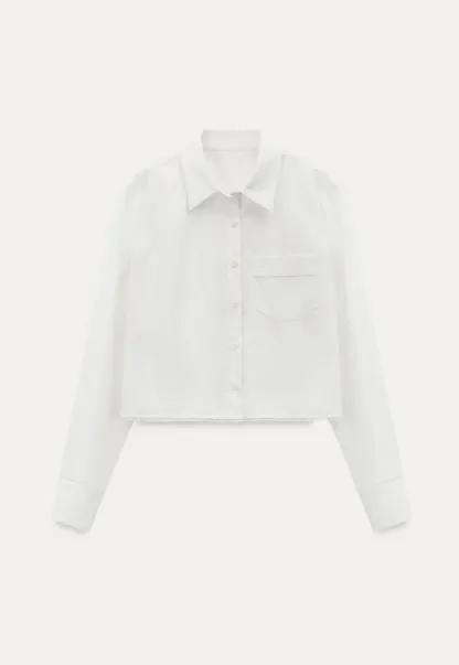 Long sleeve button front shirt with scalloped hem