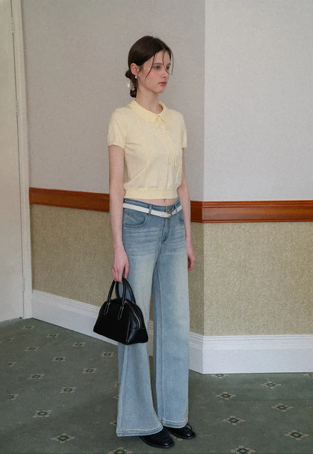 Short Sleeve Knit Top with Collar and Drawstring