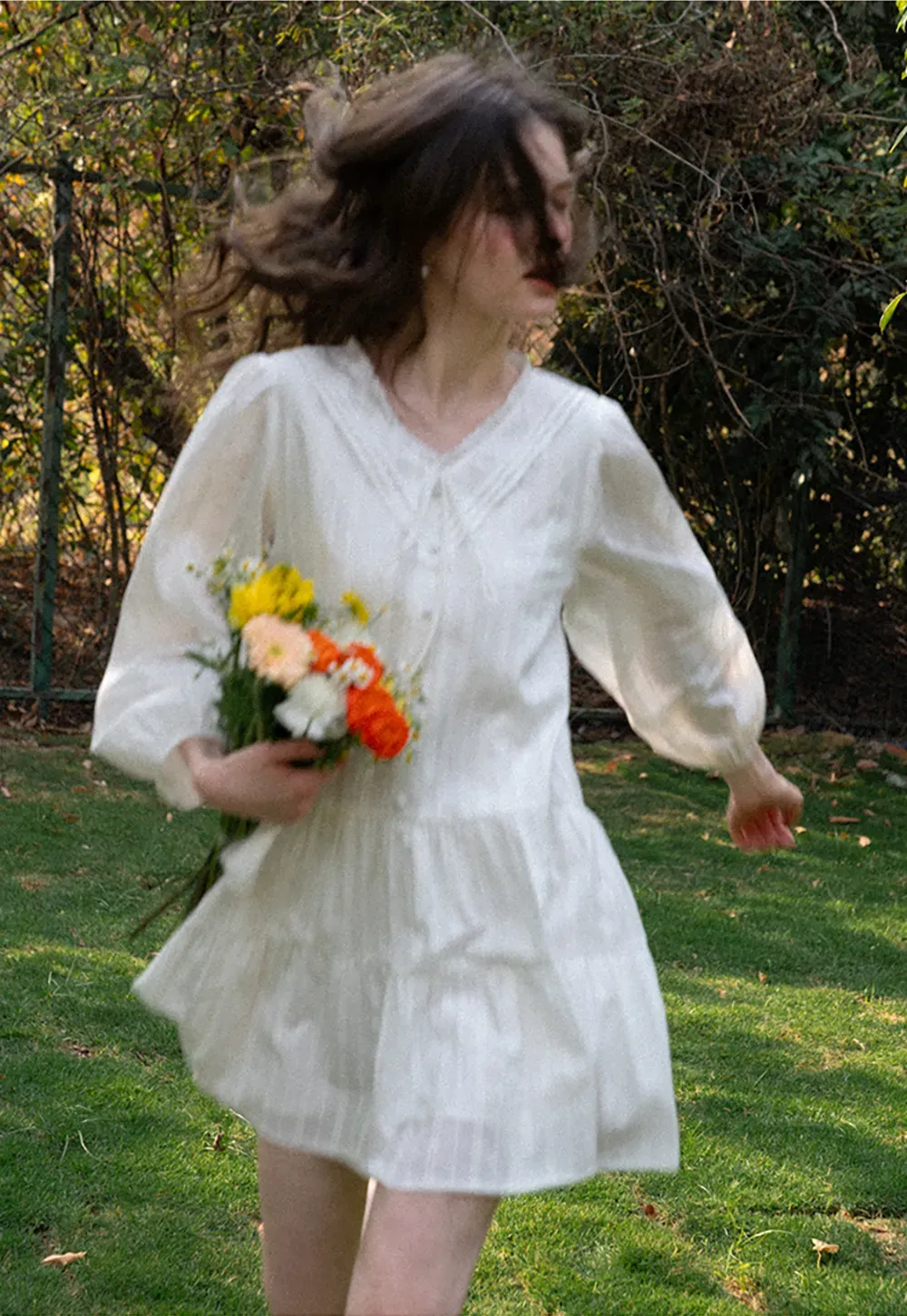 V neck long sleeve tiered dress with lace trim