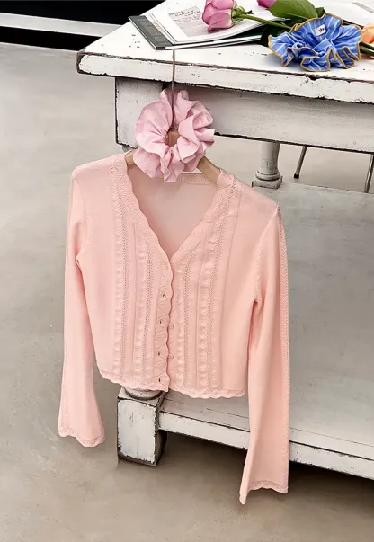 Long Sleeve Knit Sweater with Lace Trim