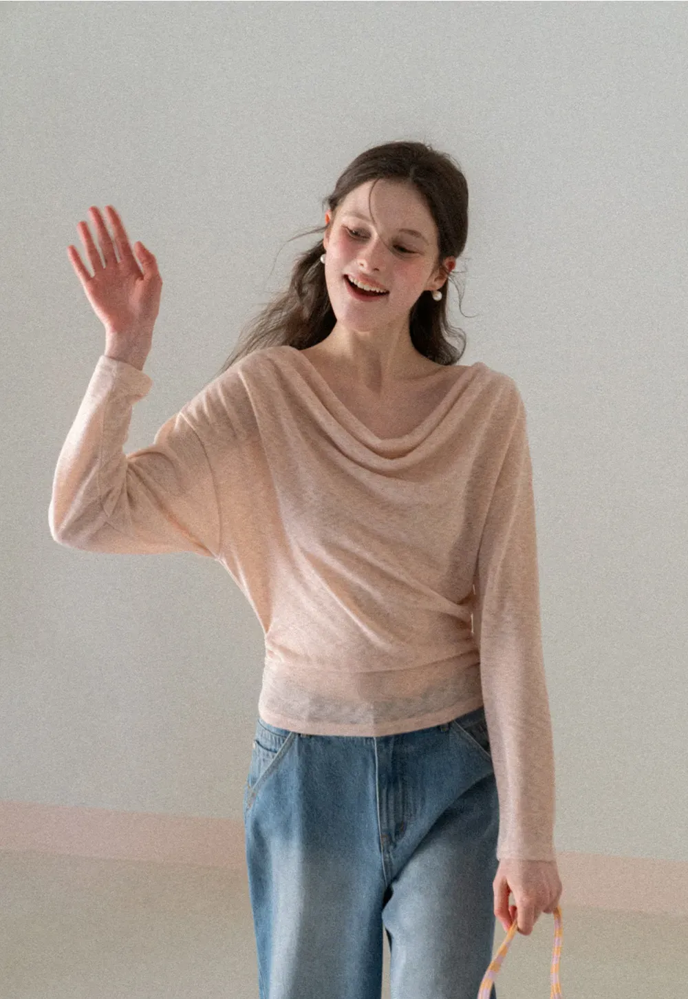 Long sleeve off shoulder draped knit top