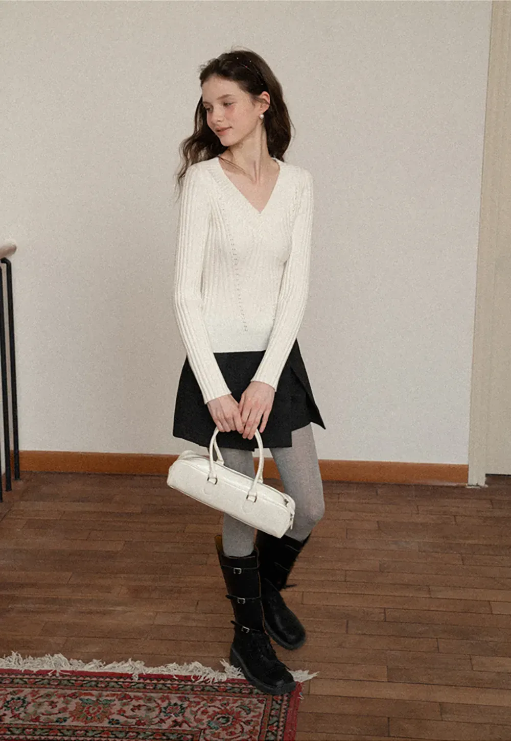 Elegant Pleated Mini Skirt with Tights and Boots Combo