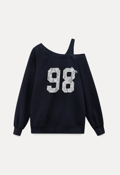 Off Shoulder Sweatshirt with Lace Number Print