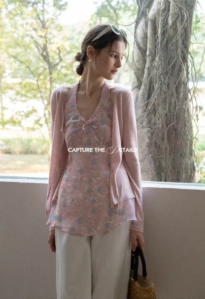 Woolen knit sweater with tie front and floral tank top