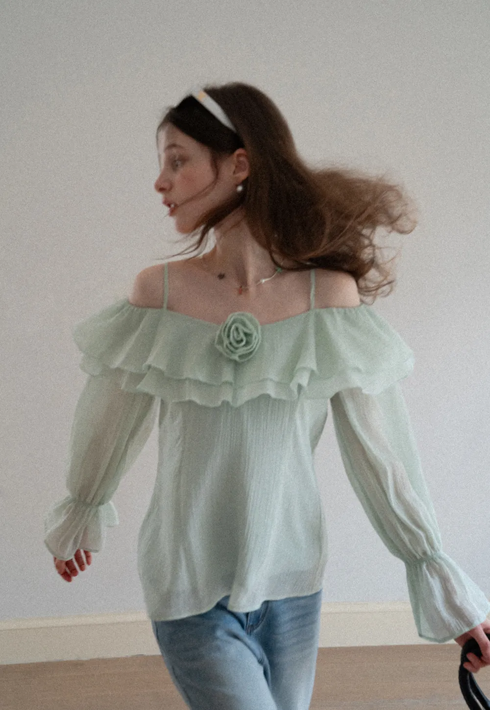Off Shoulder Blouse with Ruffled Layers and Floral Embellishment