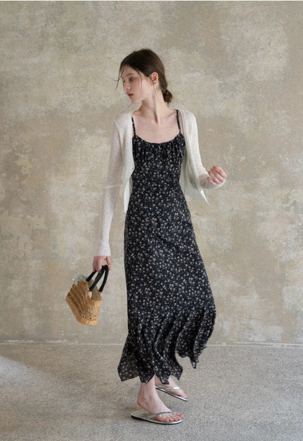 Floral Print Slip Dress with Thin Straps and Asymmetrical Hem