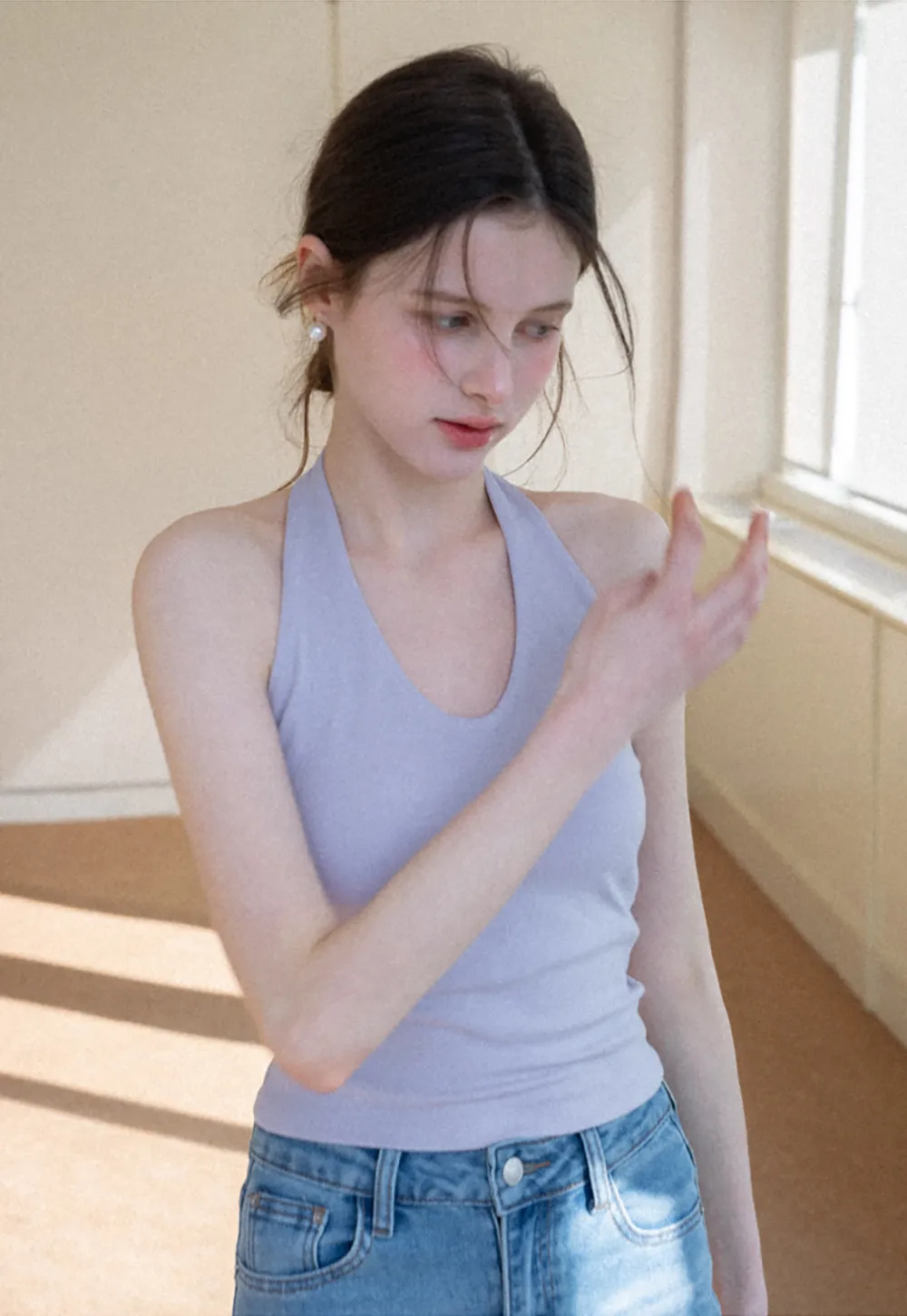 V neck halter tank top with fitted silhouette