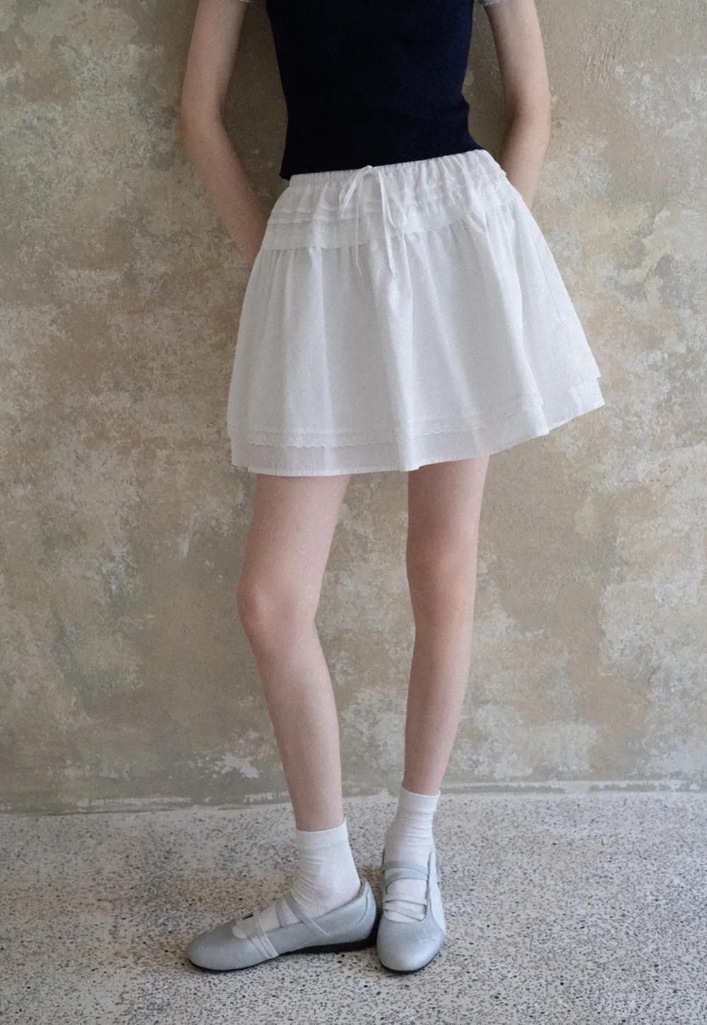 Women Drawstring Waist Layered Lace Trim Mini Skirt