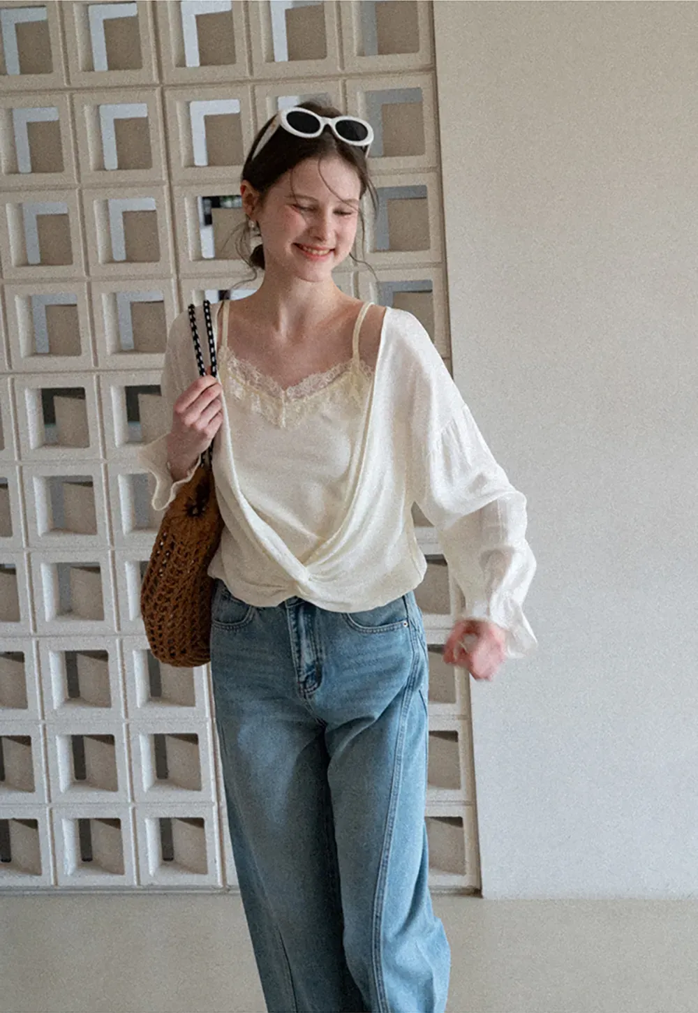 Lace Trimmed V Neck Long Sleeve Wrap Shirt