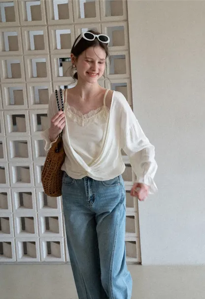 Lace Trimmed V Neck Long Sleeve Wrap Shirt