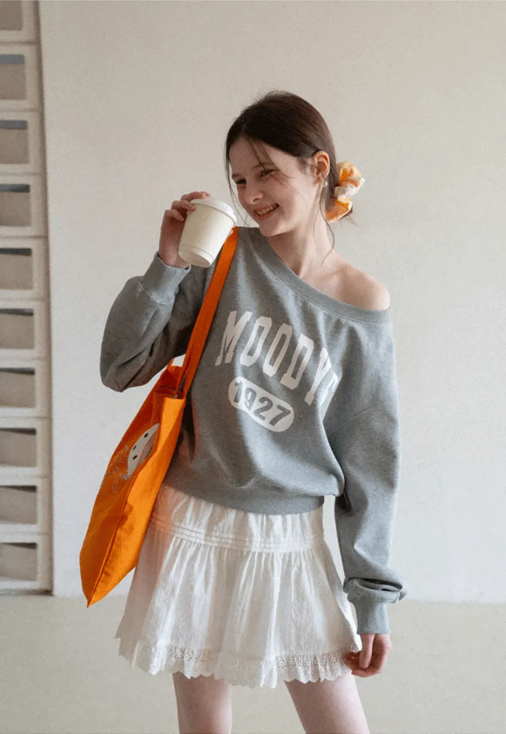 Gray Off Shoulder Sweatshirt with Bold Lettering and Year Print