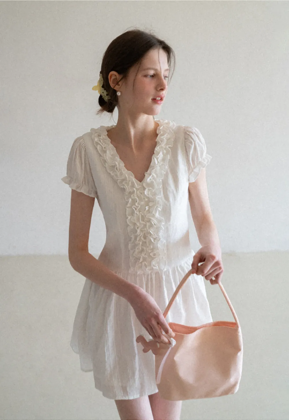 Ruffled V Neck Short Sleeve A Line Dress