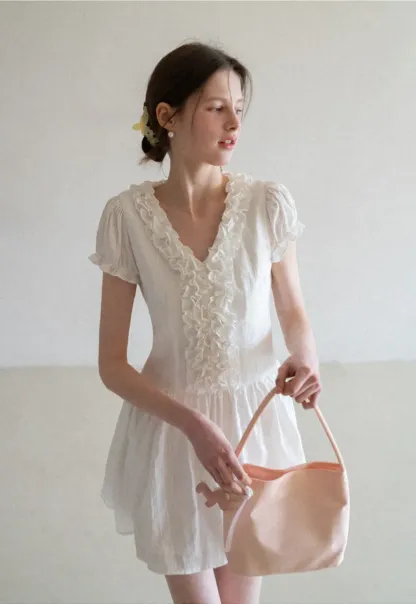 Ruffled V Neck Short Sleeve A Line Dress